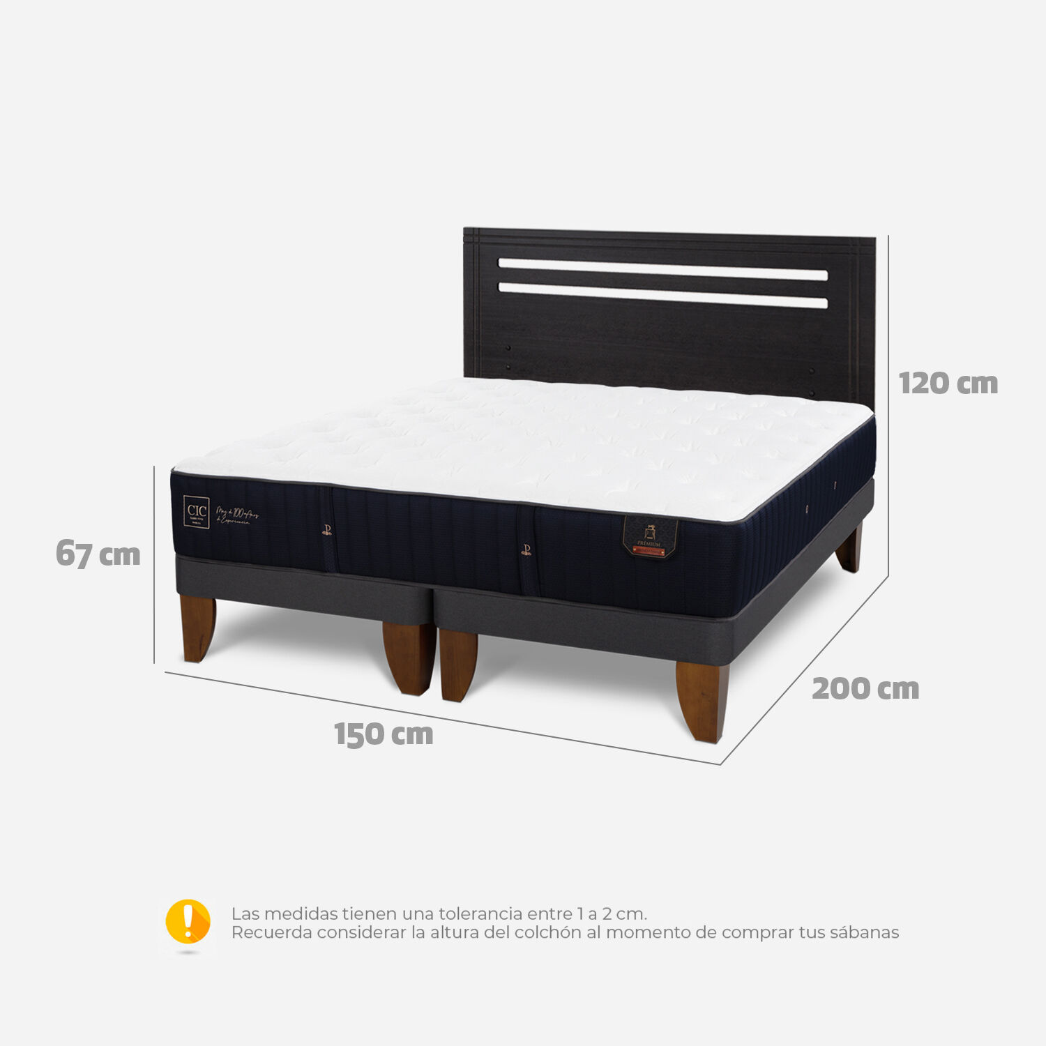 Cama Europea 2 Plazas Premium Base Dividida + Respaldo Múnich Negro