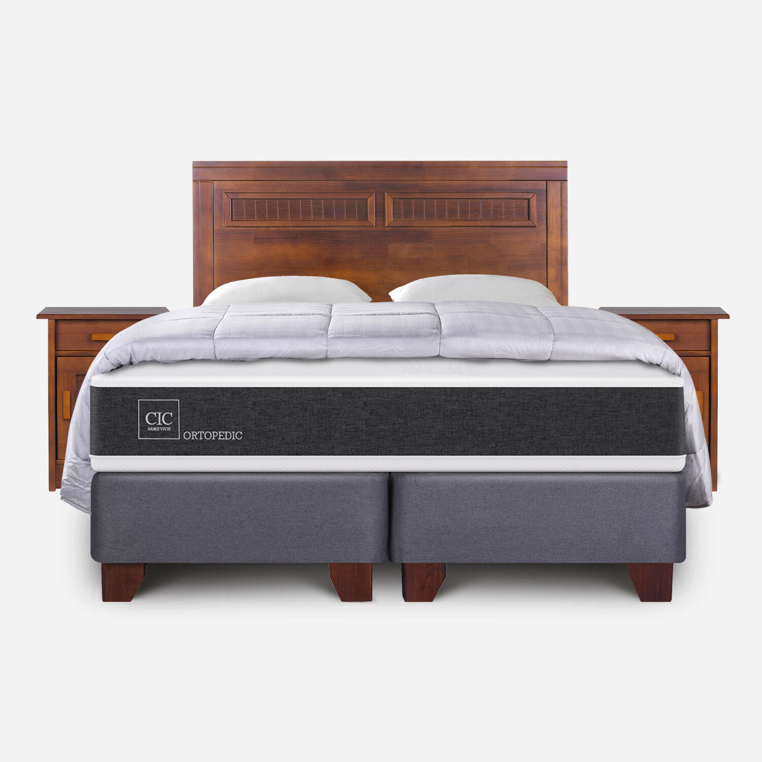 Box Spring King Ortopedic + Set Mil&aacute;n Caramel + Almohadas + Plum&oacute;n Plumas
