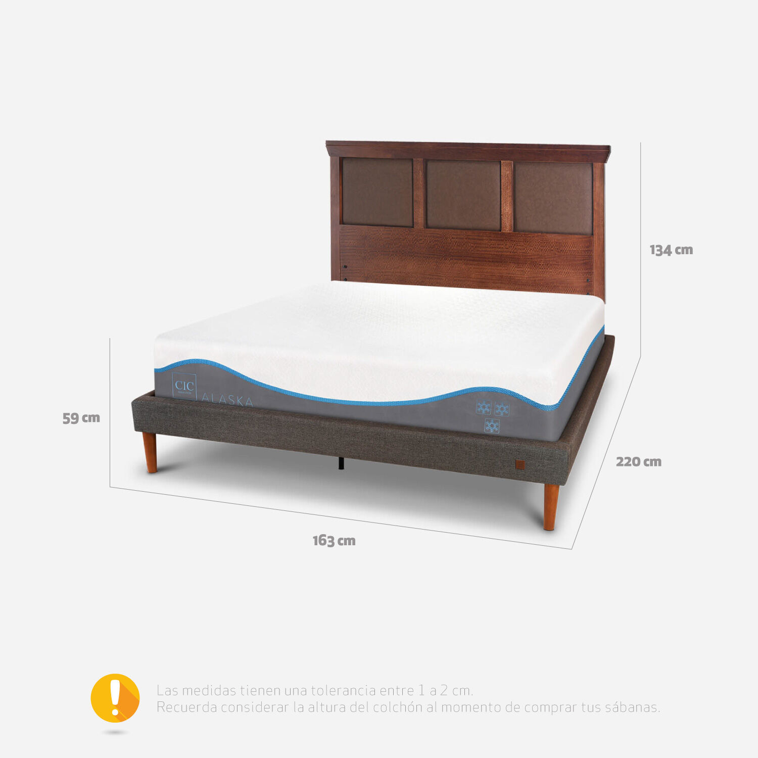 Cama Europea Curve 2 Plazas Alaska + Respaldo Torino Caramel