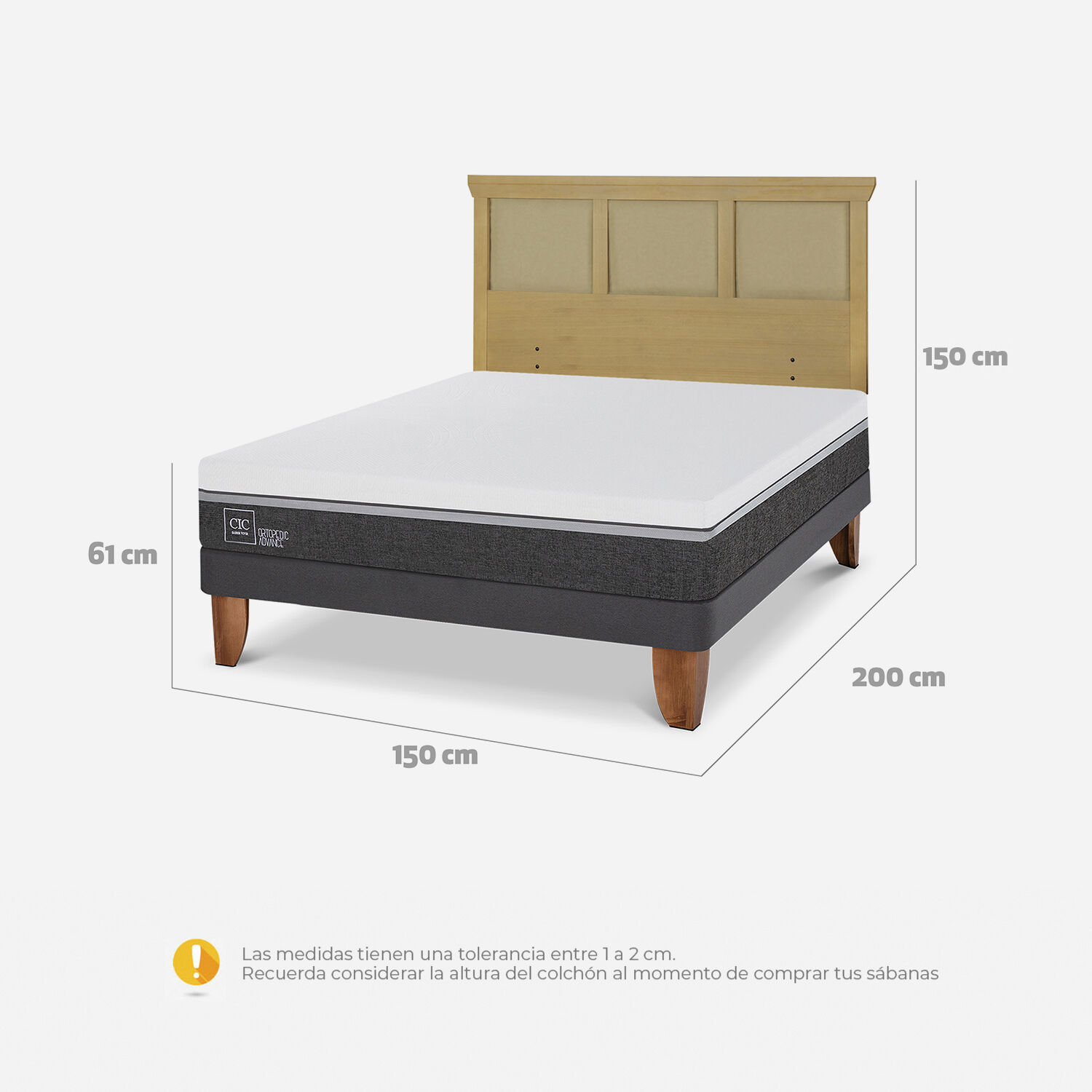 Cama Europea 2 Plazas Ortopedic Advance Base Normal + Respaldo Torino Mostaza