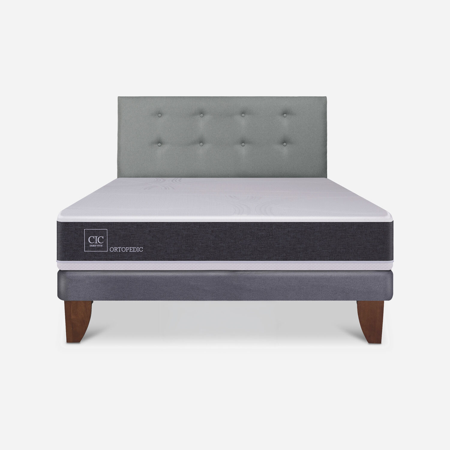 Cama Europea 2 Plazas New Ortopedic Base Normal + Respaldo Tapizado Gris