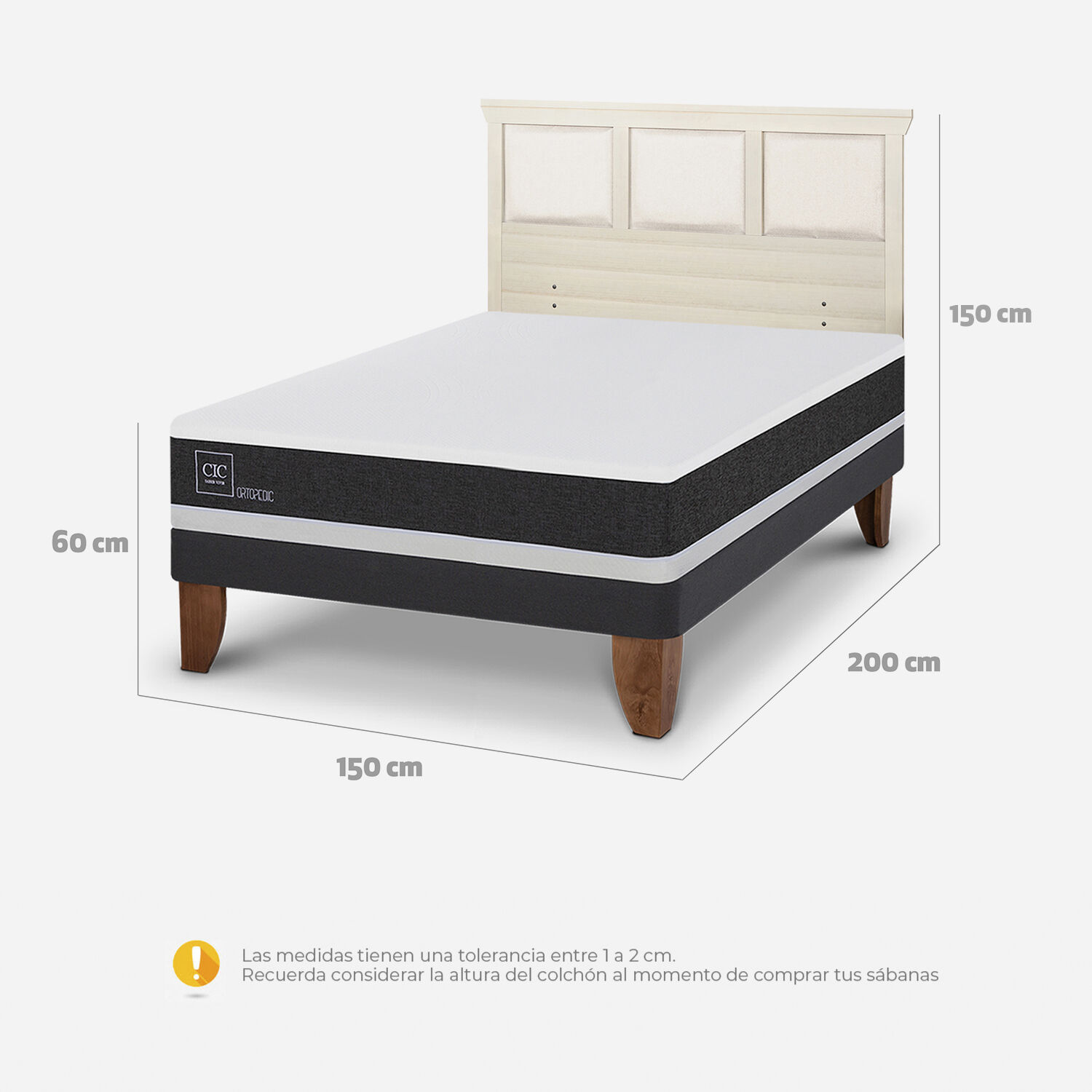 Cama Europea 2 Plazas Ortopedic Base Normal + Respaldo Torino Alpino