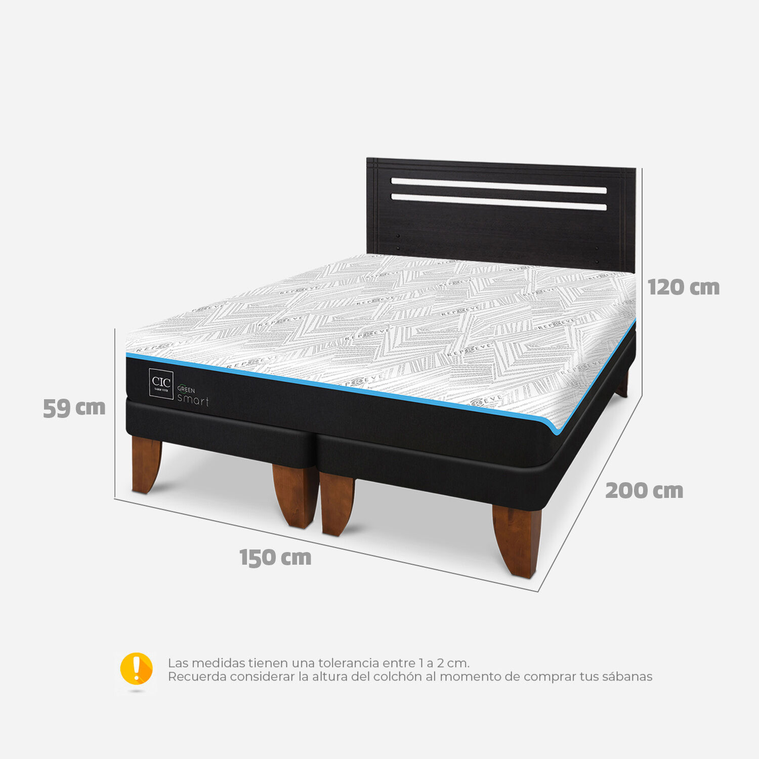Cama Europea 2 Plazas Green Infinity Base Dividida + Respaldo Múnich Negro