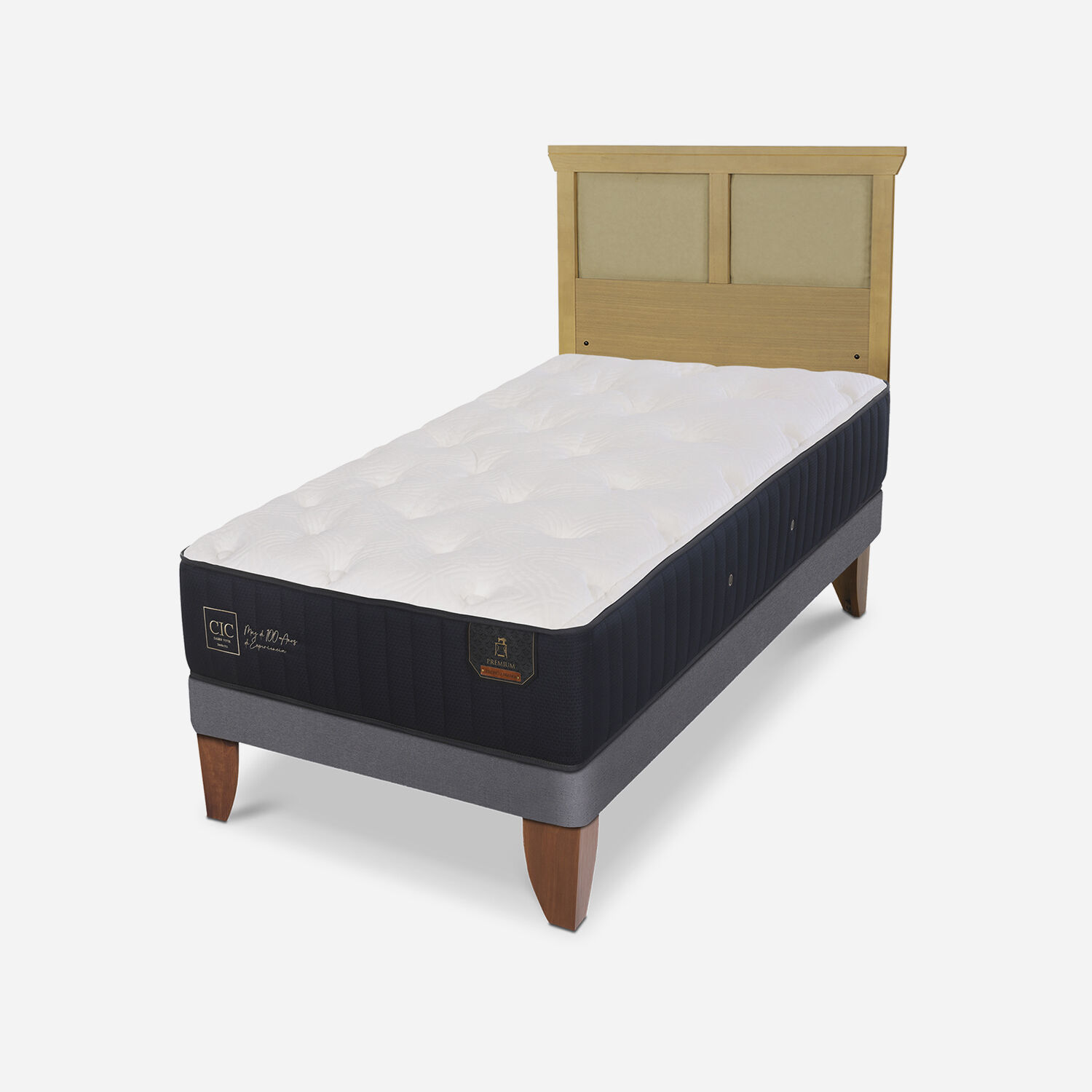 Cama Europea 1,5 Plazas Premium + Respaldo Torino Mostaza