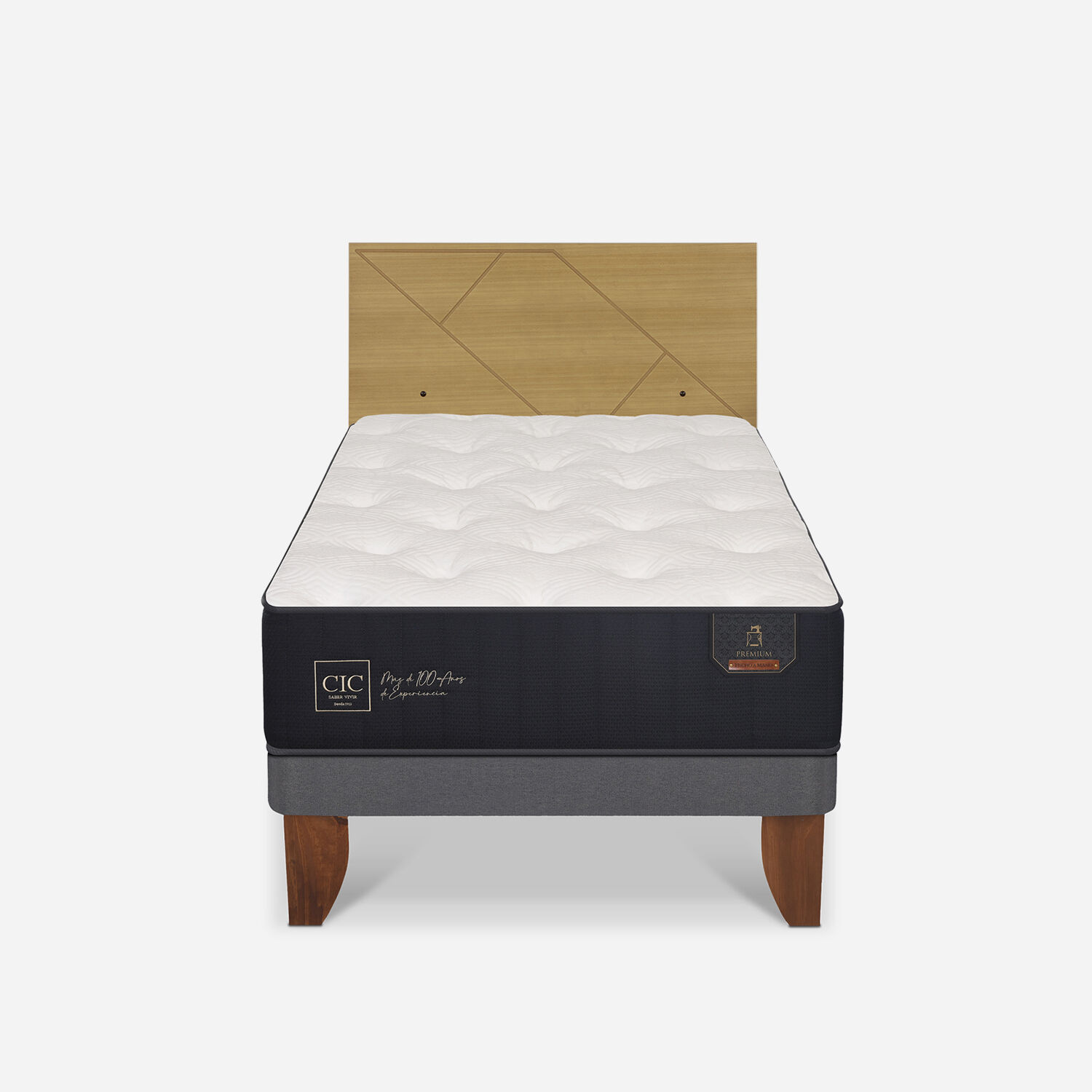 Cama Europea 1,5 Plazas Premium + Respaldo Villarrica Mostaza