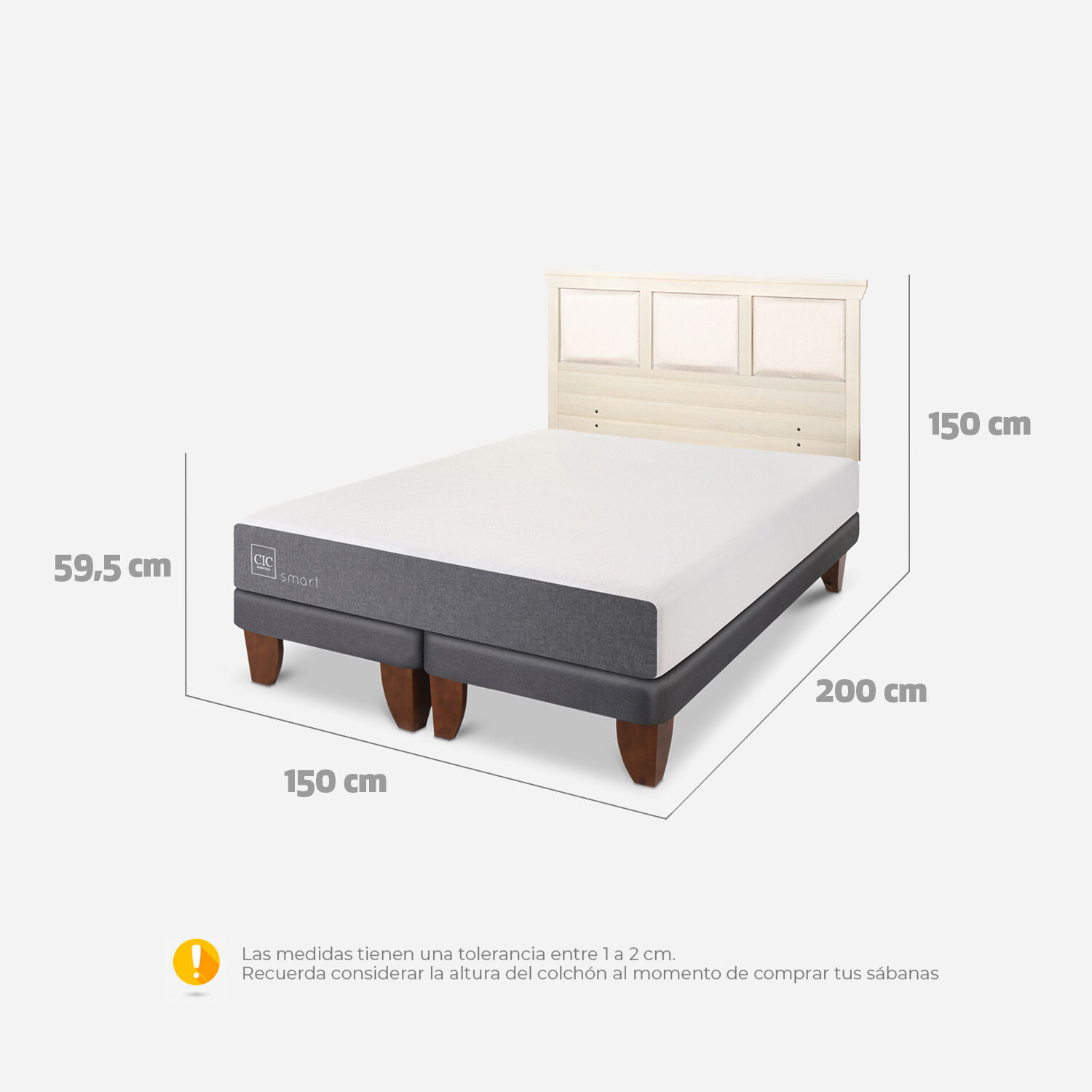 Cama Europea 2 Plazas Smart Base Dividida + Respaldo Torino Alpino