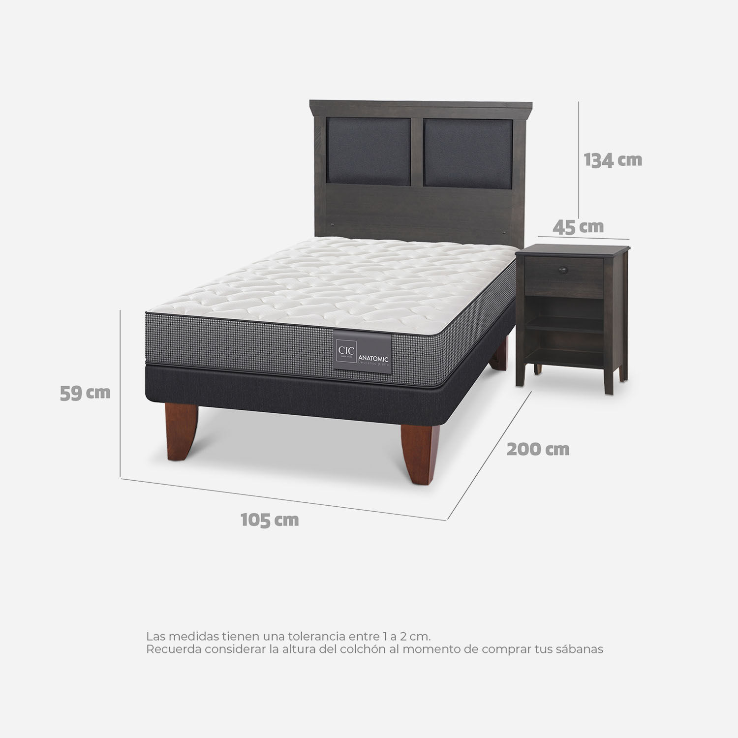 Cama Europea 1,5 Plazas Anatomic + Set Torino Gris