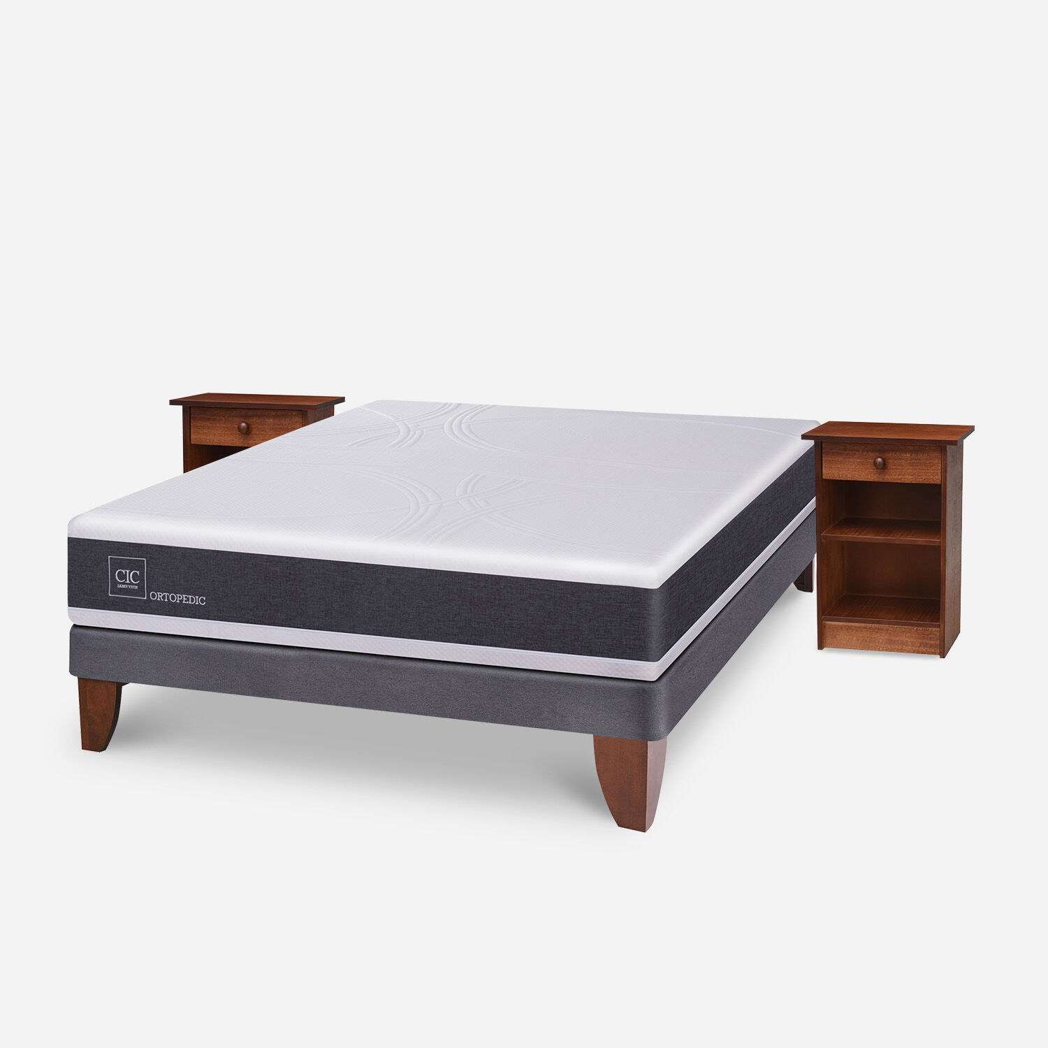 Cama Europea 2 Plazas Ortopedic Base Normal + Veladores Dubl&iacute;n Caramel