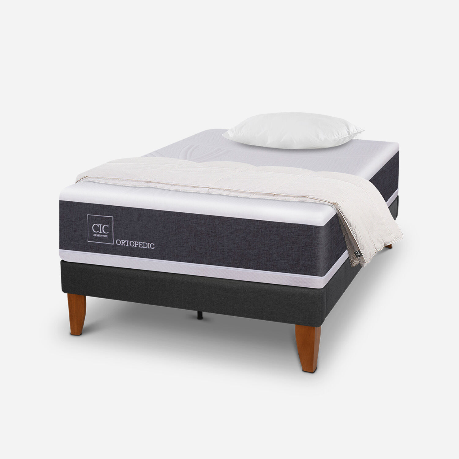 Cama Europea Curve 1,5 Plazas Ortopedic + Plum&oacute;n + Almohadas