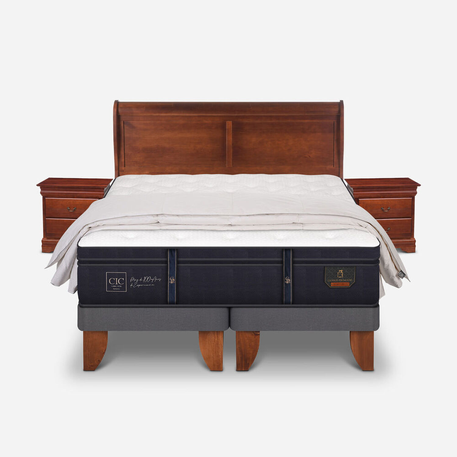 Cama Europea King Grand Premium + Set Mir&oacute; Caramel + Plum&oacute;n 100% Pluma de Ganso
