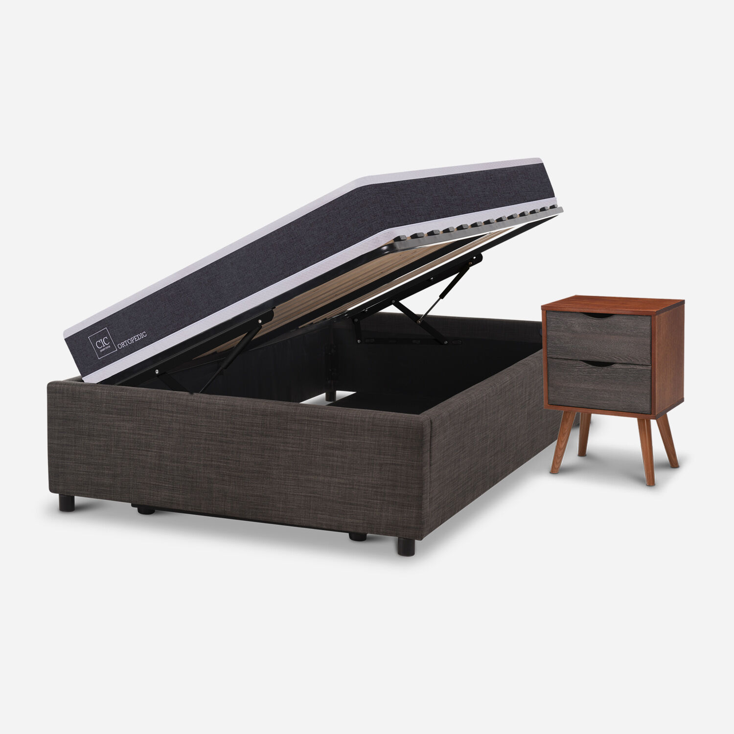 Cama Space Box 1,5 Plazas Ortopedic + Velador N&iacute;ger