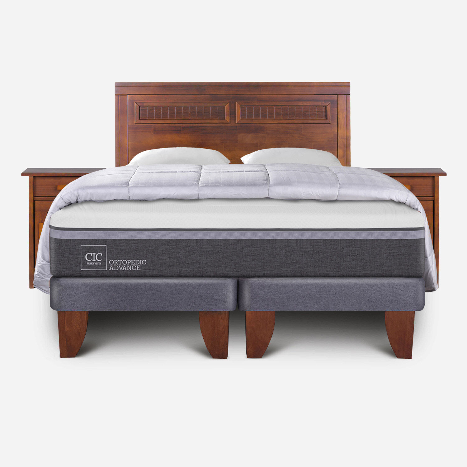 Cama Europea King Ortopedic Advance + Set Mil&aacute;n Caramel + Almohadas + Plum&oacute;n Plumas