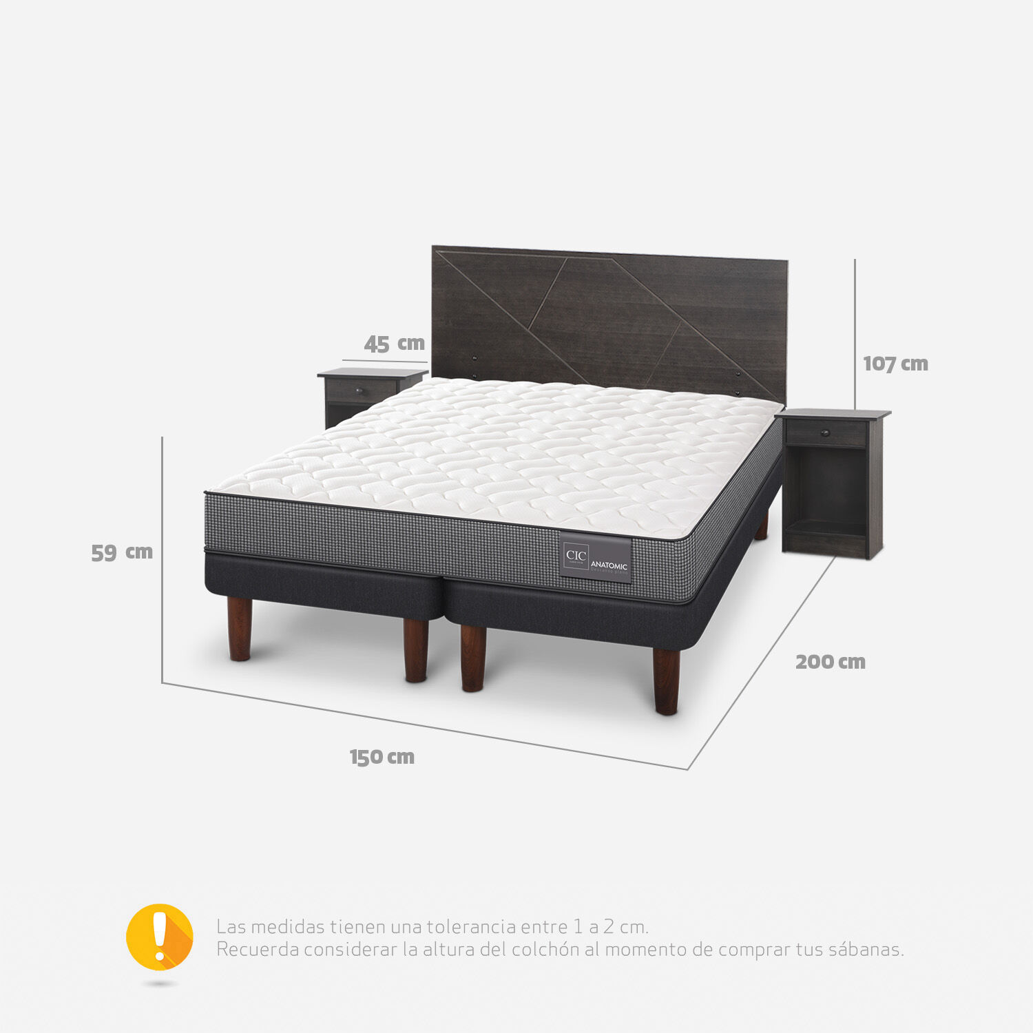 Cama Europea 2 Plazas Anatomic Base Dividida + Set Villarrica Gris