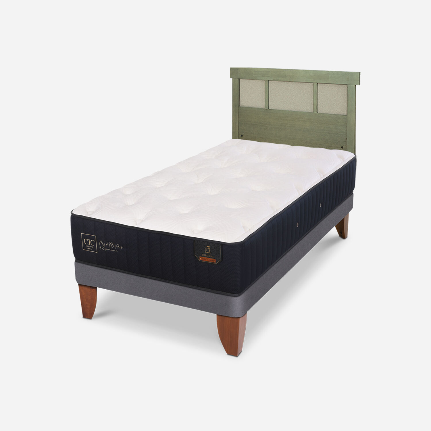 Cama Europea 1,5 Plazas Premium + Respaldo Dubl&iacute;n Olivo