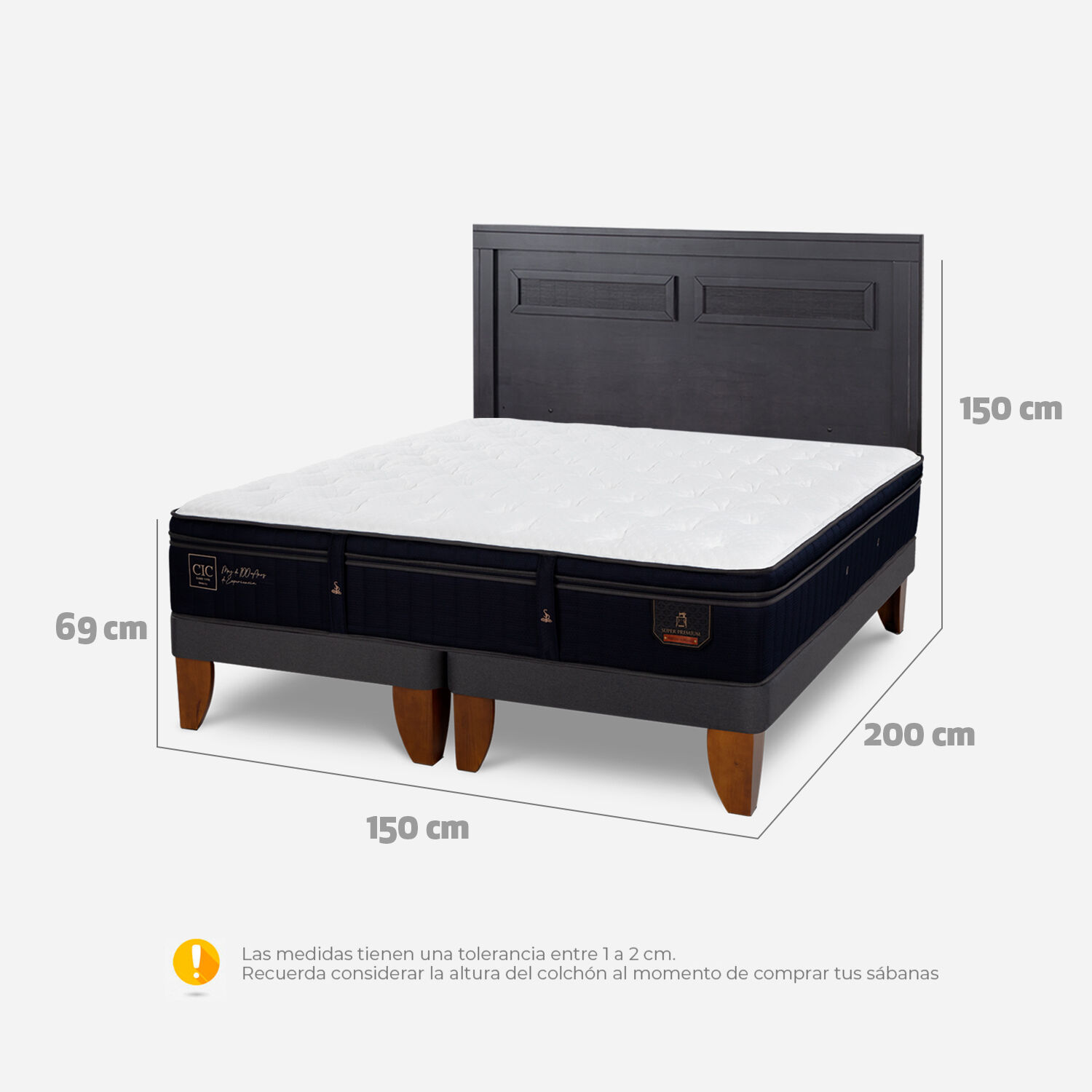 Cama Europea 2 Plazas Super Premium Base Dividida + Respaldo Mil&aacute;n Negro