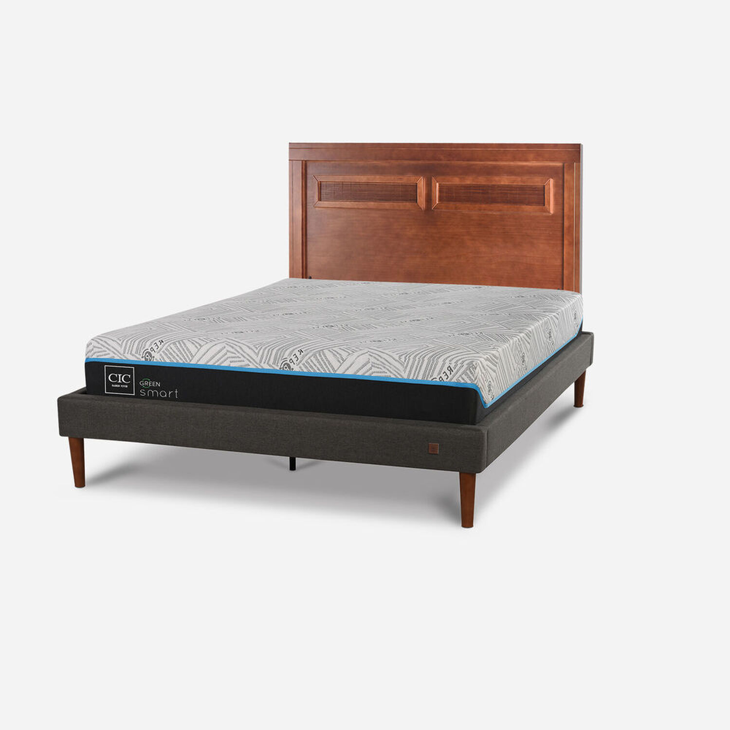Cama Europea Curve 2 Plazas Infinity Green + Respaldo Mil&aacute;n Caramel