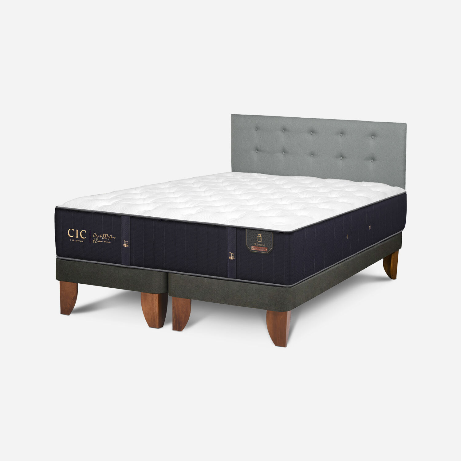 Cama Europea King Premium + Respaldo Tapizado Gris