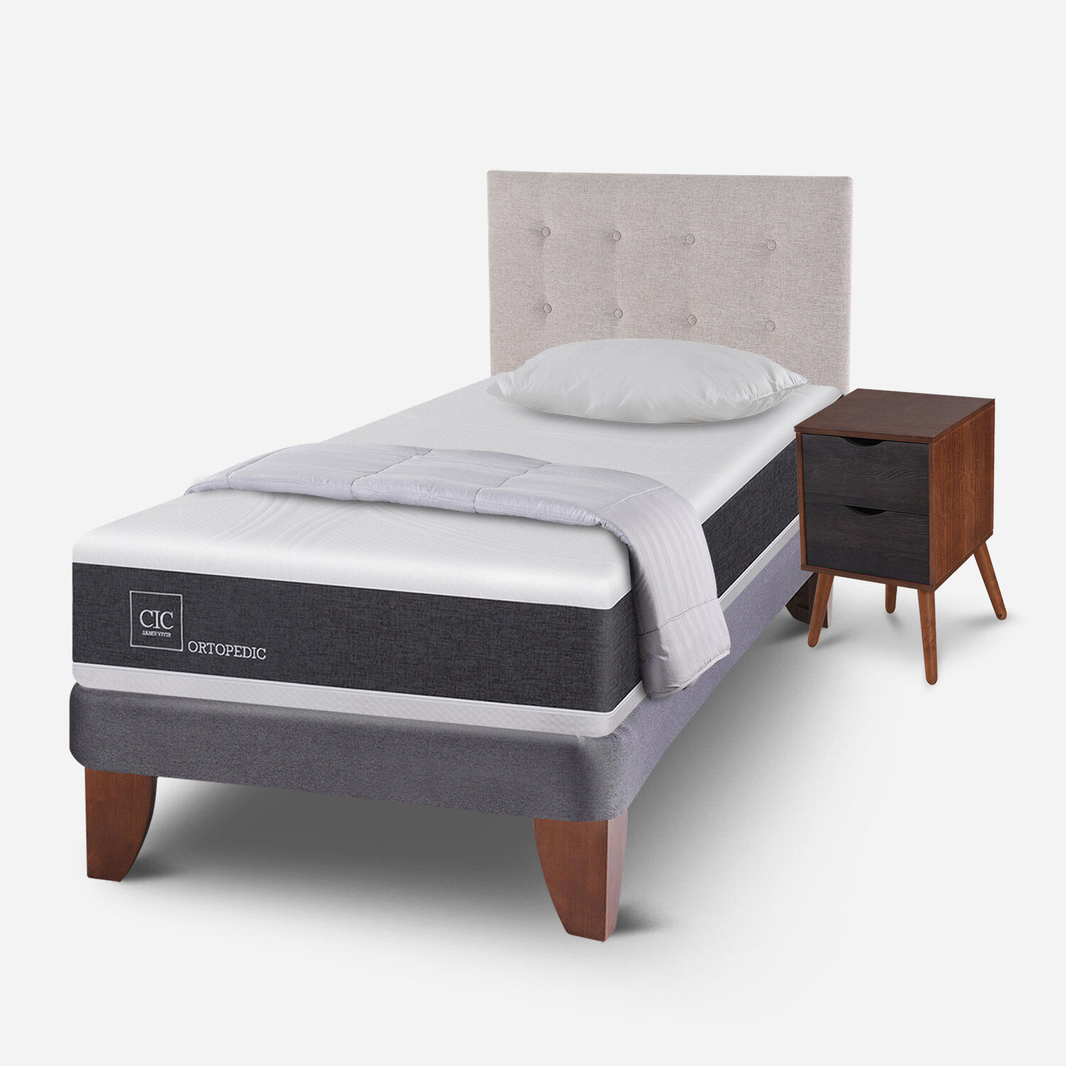 Cama Europea 1,5 Plazas Ortopedic + Almohada + Plum&oacute;n + Set Tigris