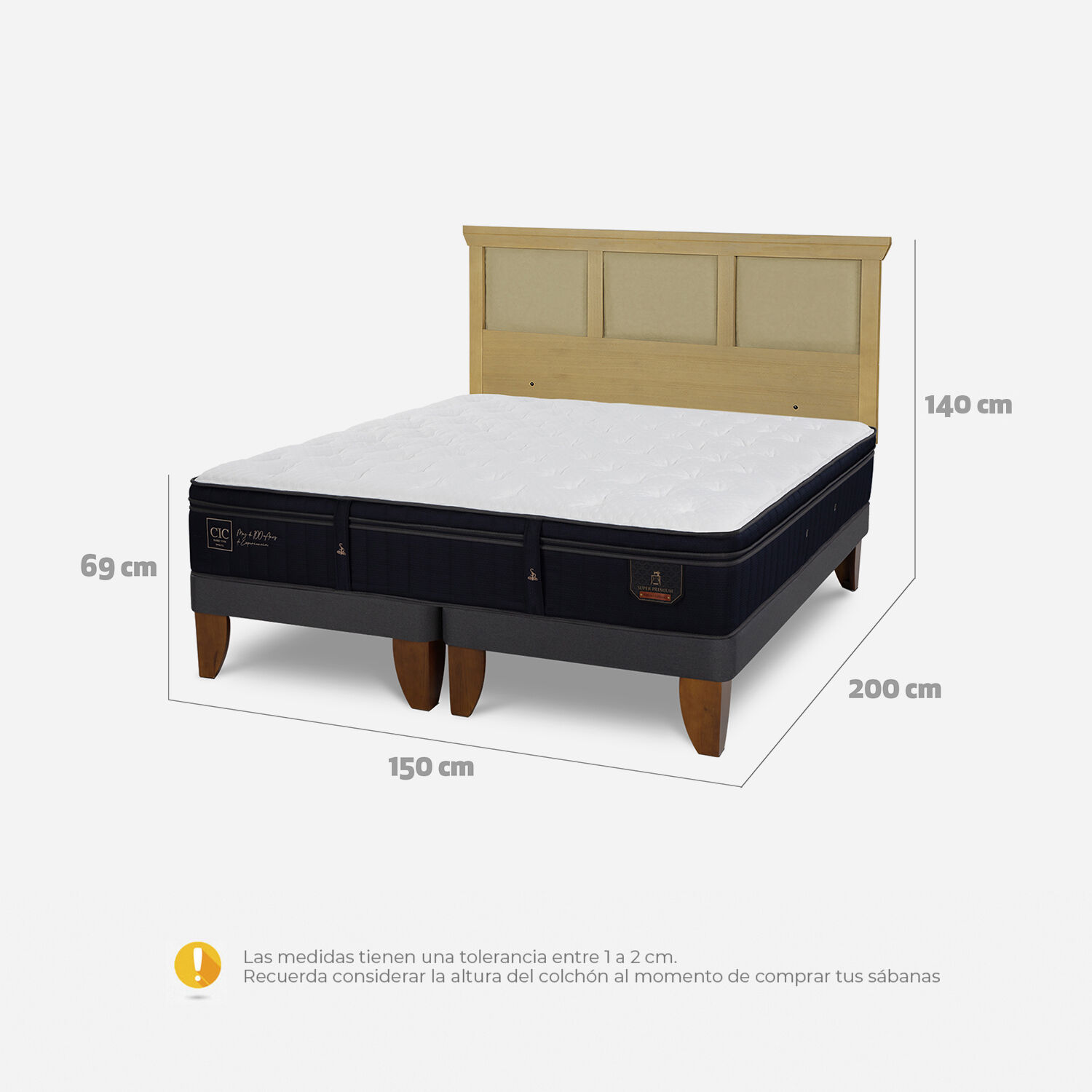 Cama Europea 2 Plazas Super Premium Base Dividida + Respaldo Torino Mostaza