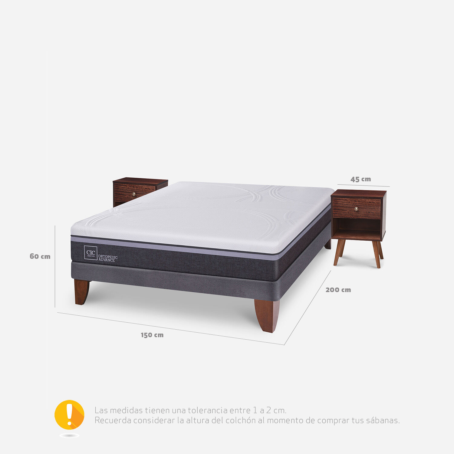 Cama Europea 2 Plazas Ortopedic Advance Base Normal + Veladores M&uacute;nich Chocolate