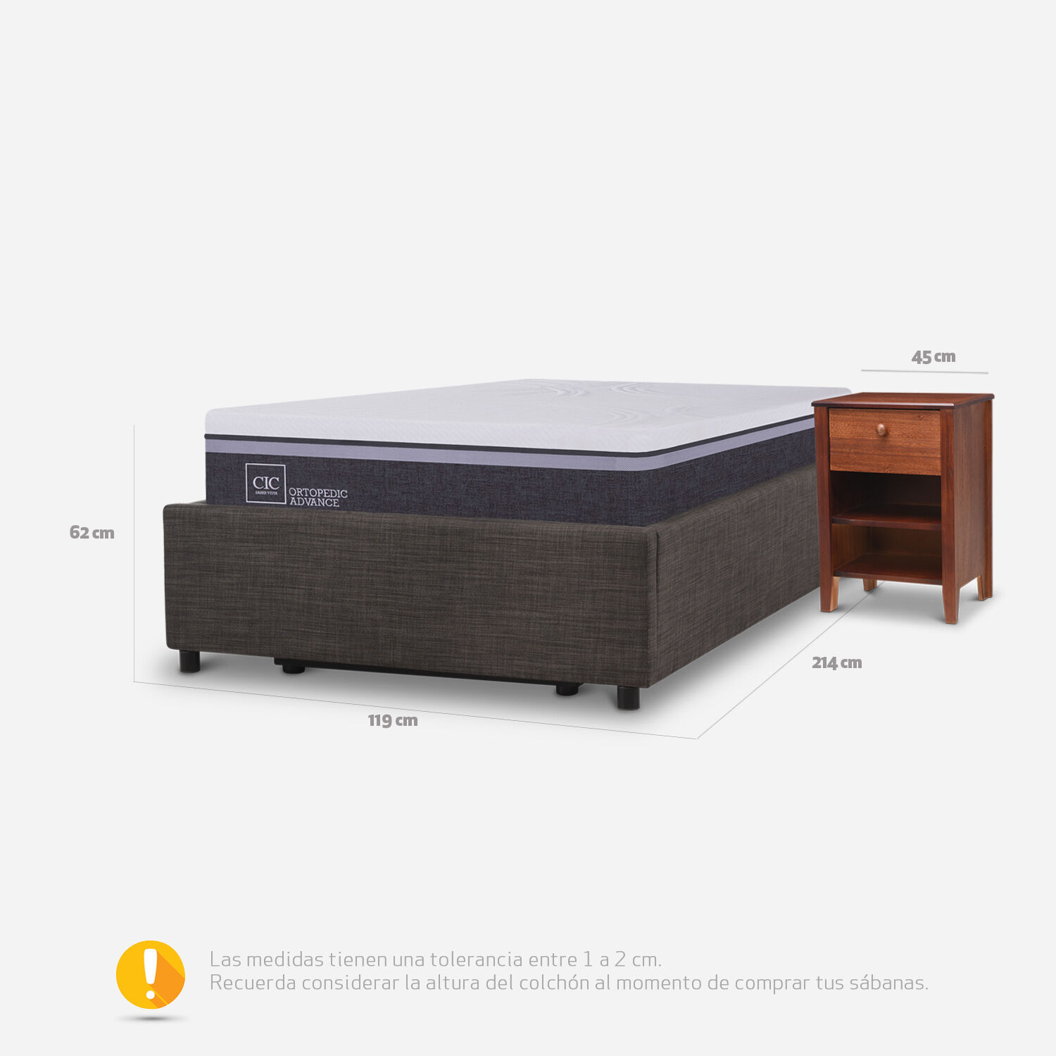 Cama Space Box 1.5 Plazas Ortopedic Advance + Velador New Torino Choc