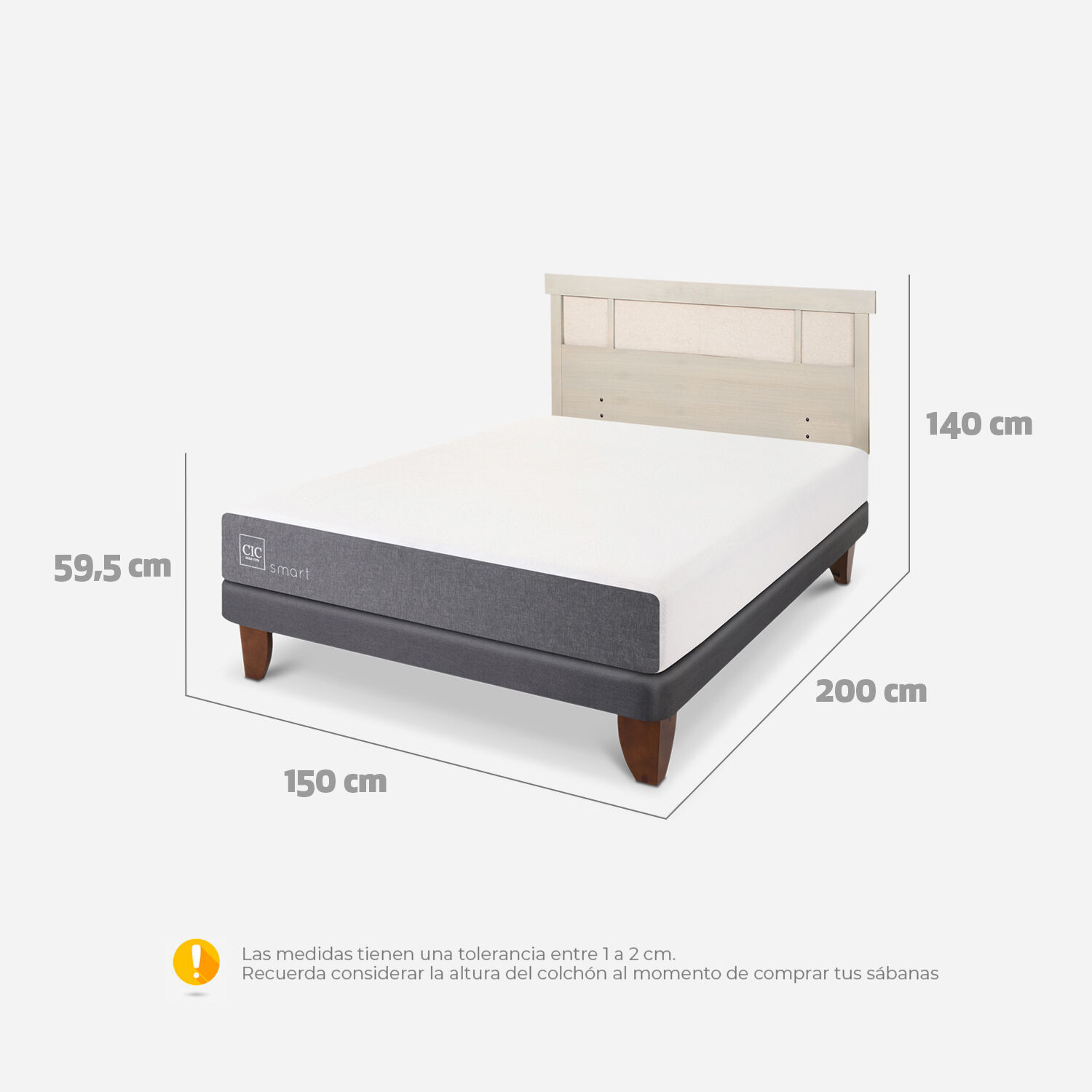 Cama Europea 2 Plazas Smart Base Normal + Respaldo Dublín Alpino