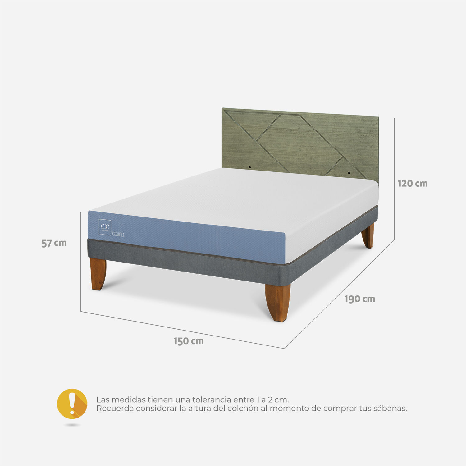 Cama Europea 2 Plazas Excellence Base Normal + Respaldo Villarrica Olivo