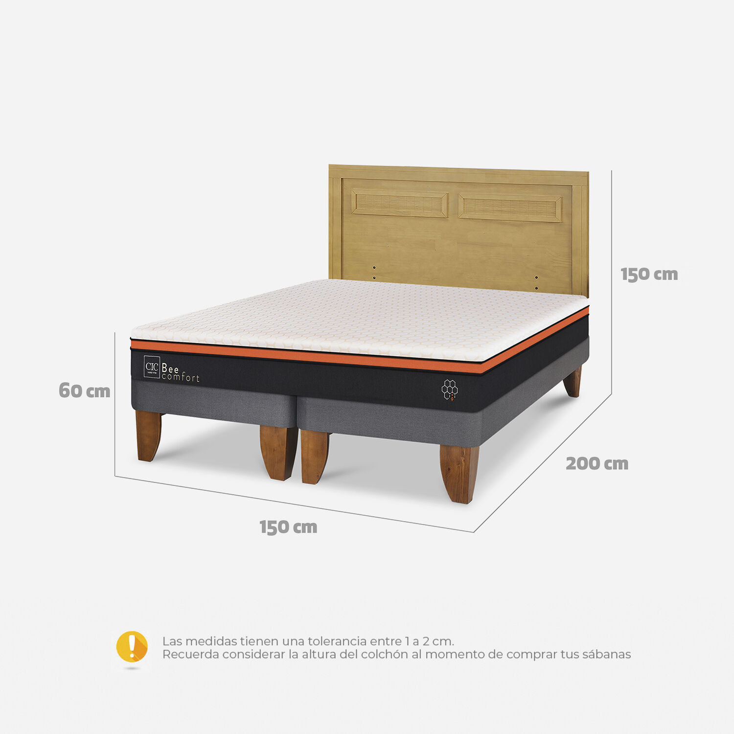 Cama Europea 2 Plazas Bee Comfort Base Dividida + Respaldo Mil&aacute;n Mostaza