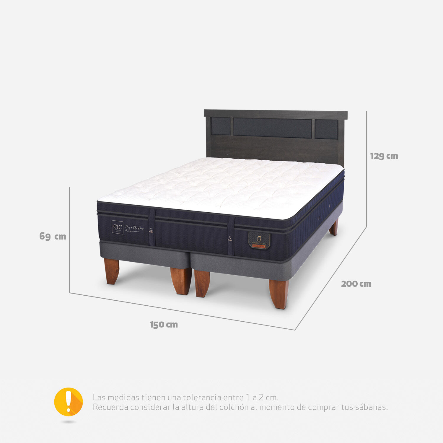 Cama Europea 2 Plazas Super Premium Base Dividida + Respaldo Dublín Gris