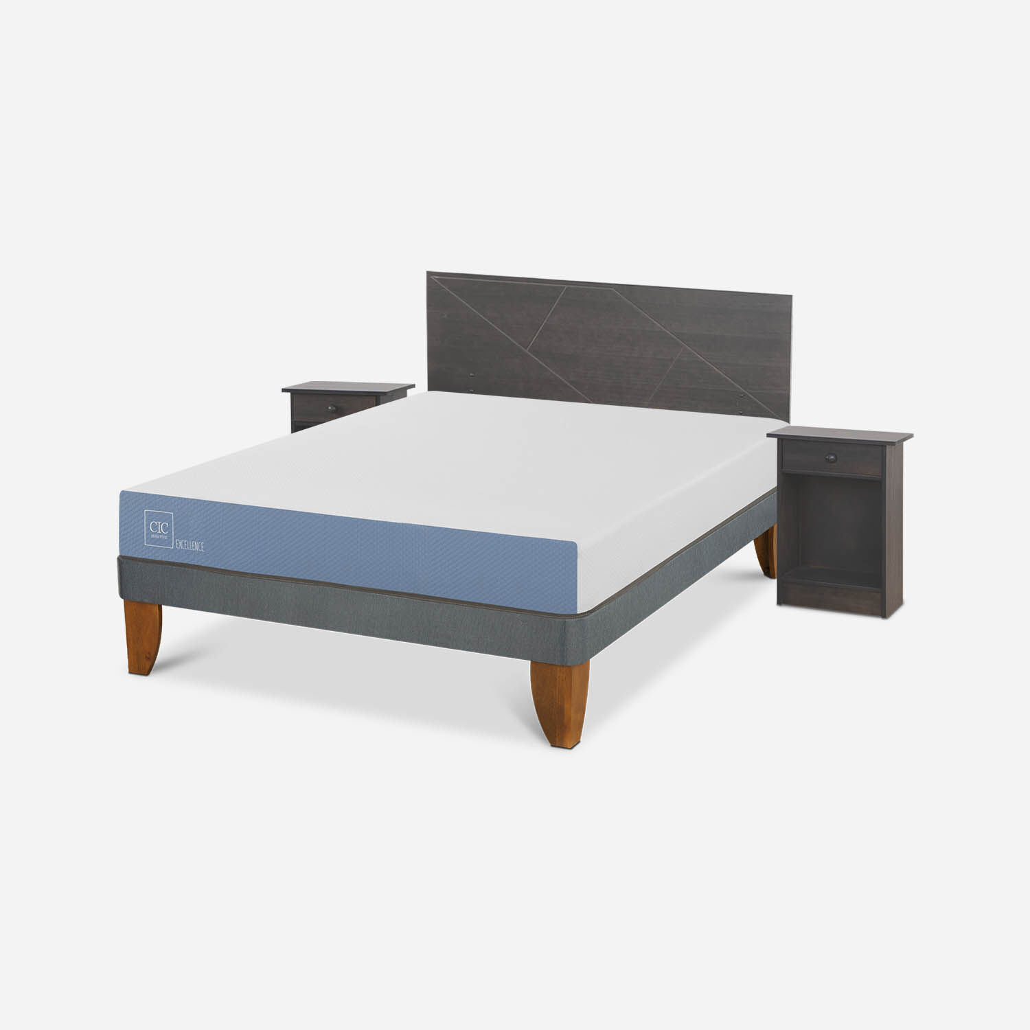 Cama Europea 2 Plazas Excellence Base Normal + Set Villarrica Gris