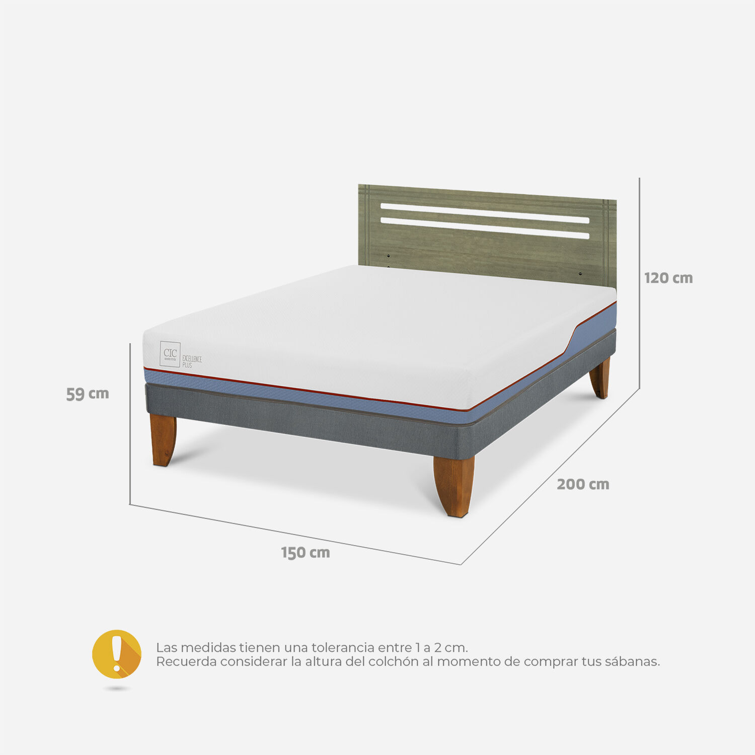 Cama Europea 2 Plazas Excellence Plus Base Normal + Respaldo Múnich Olivo