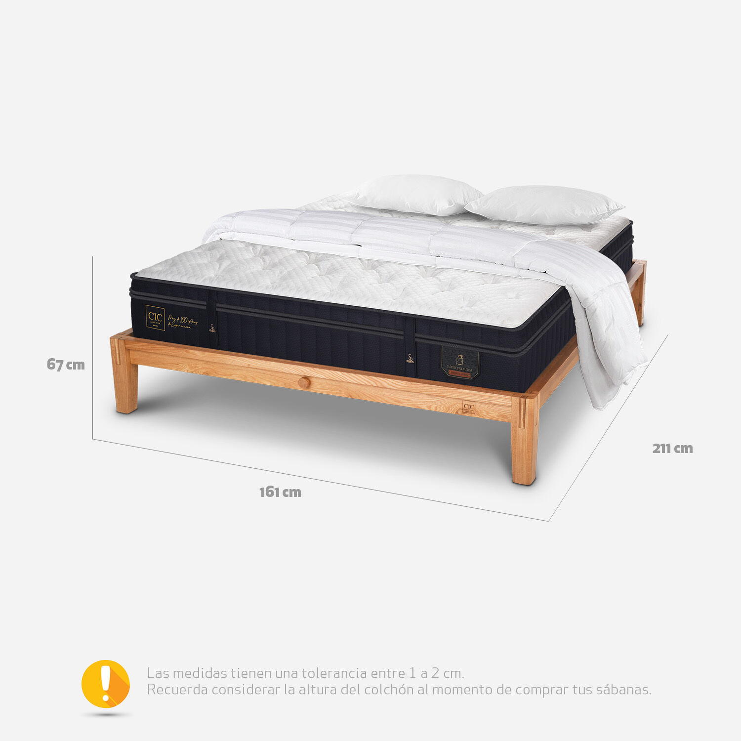 Cama Oak 2 Plazas Super Premium Almohadas Viscoelásticas + Plumón
