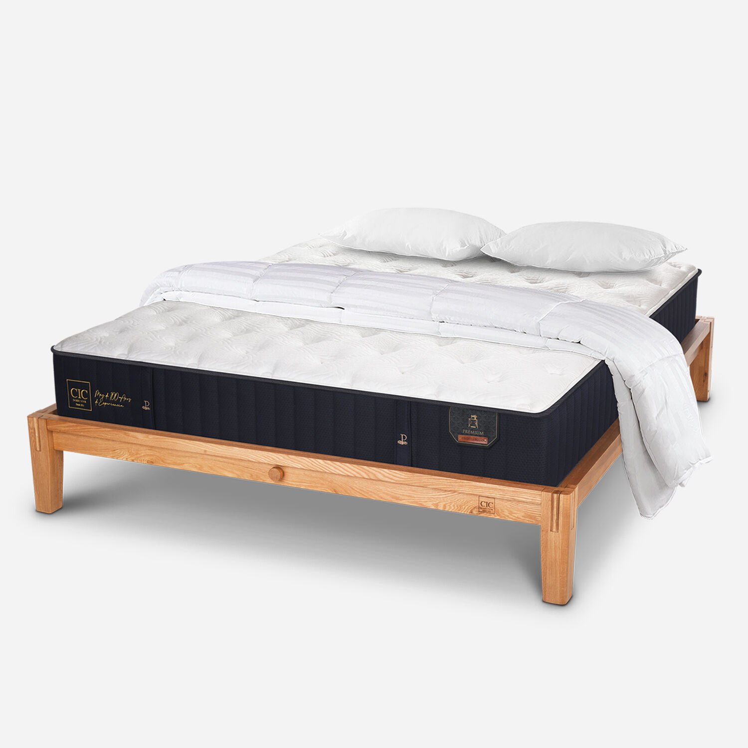 Cama Oak 2 Plazas Premium + Almohadas Viscoelásticas + Plumón