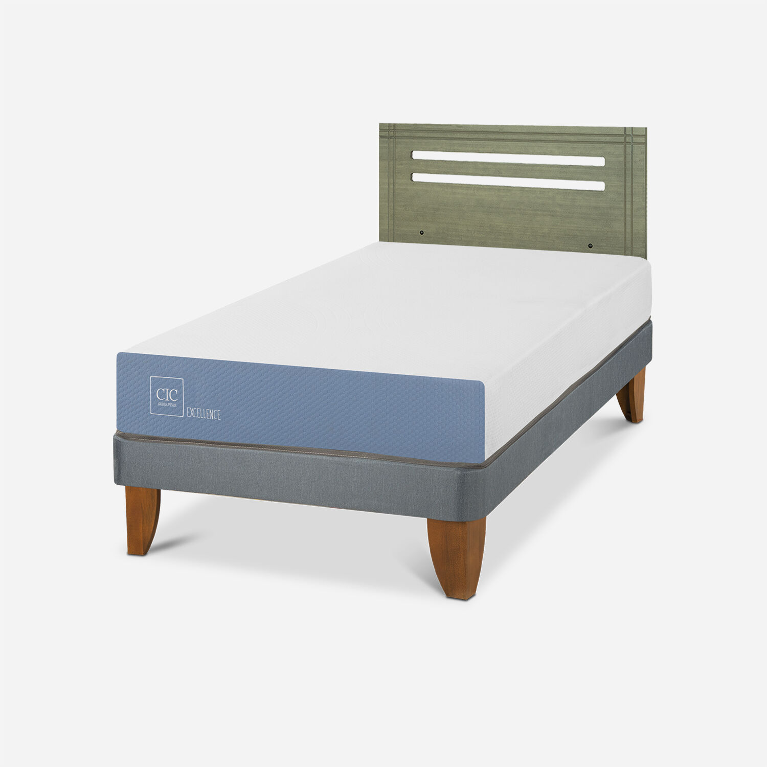 Cama Europea 1,5 Plazas Excellence + Respaldo M&uacute;nich Olivo