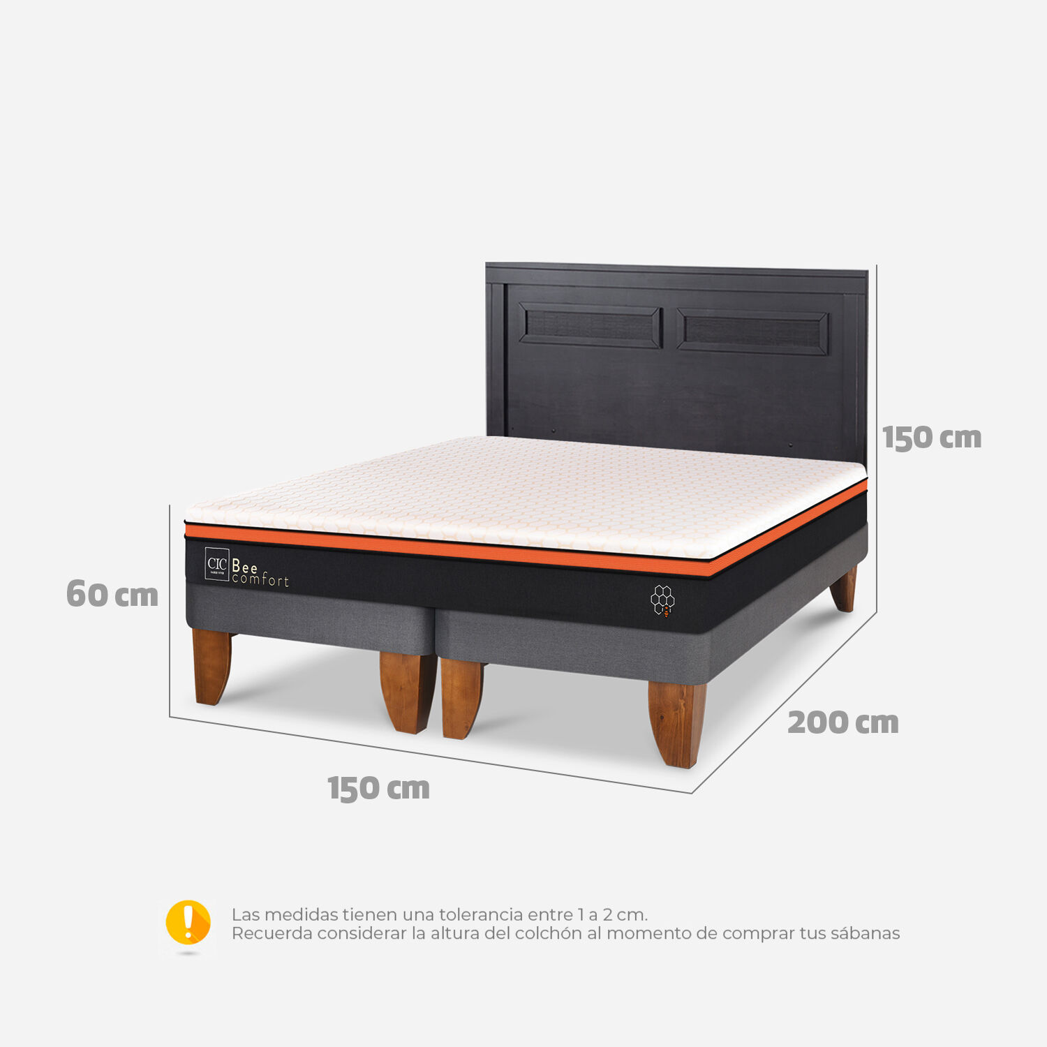 Cama Europea 2 Plazas Bee Comfort Base Dividida + Respaldo Milán Negro
