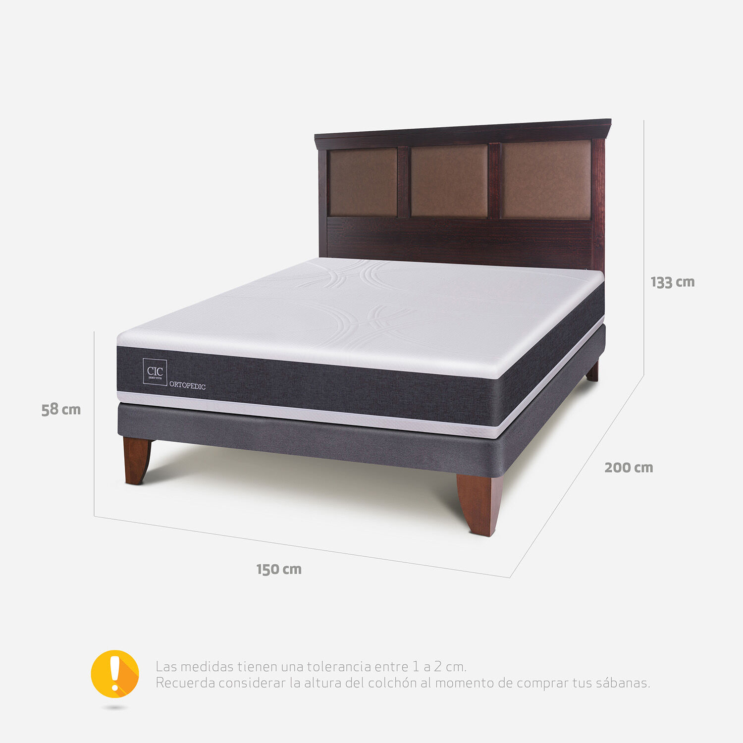 Cama Europea 2 Plazas Base Normal Ortopedic + Respaldo Torino Choc
