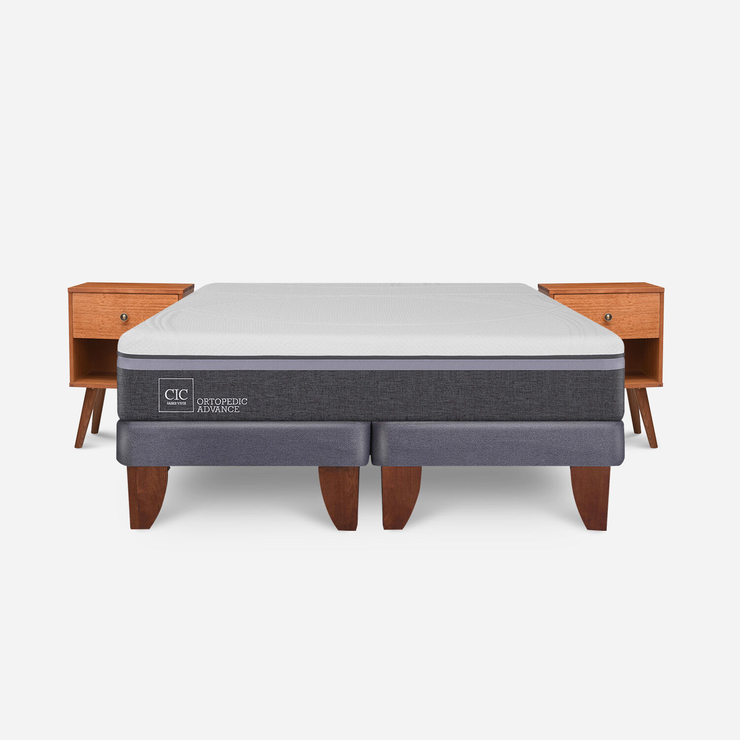 Cama Europea 2 Plazas Ortopedic Advance Base Dividida + Veladores Gales Caramel