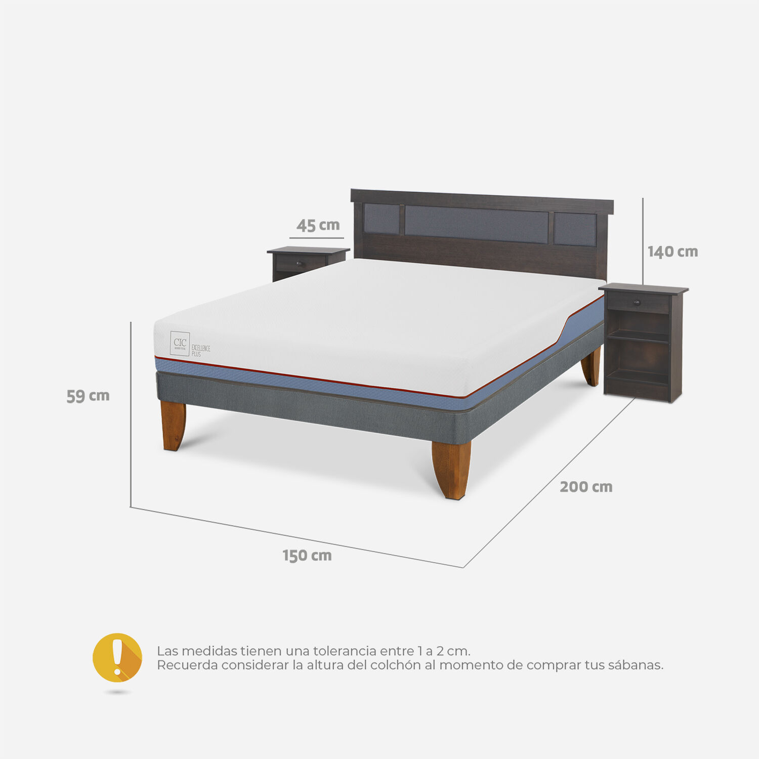 Cama Europea 2 Plazas Excellence Plus Base Normal + Set Dublín Gris