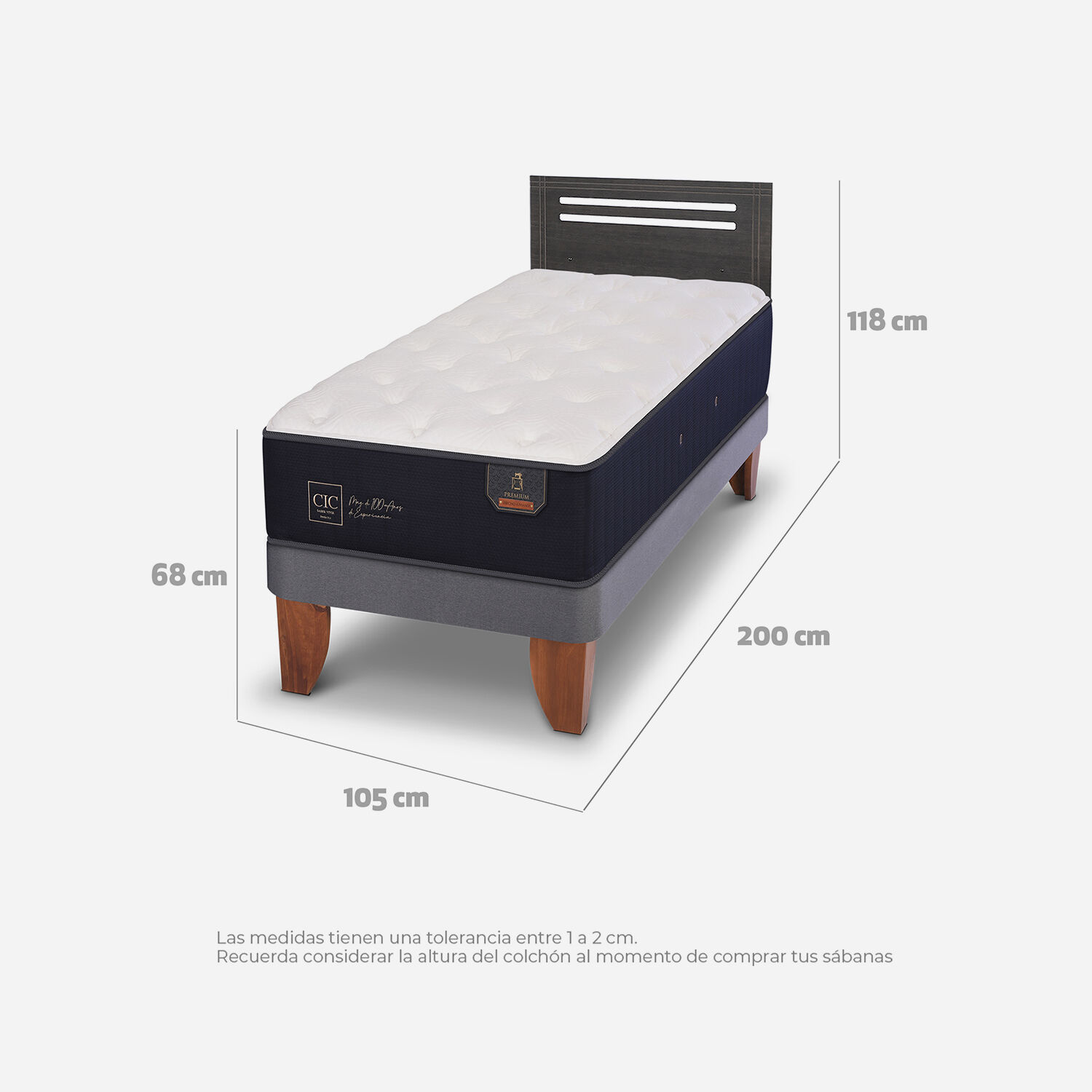 Cama Europea 1,5 Plazas Premium + Respaldo Múnich Gris