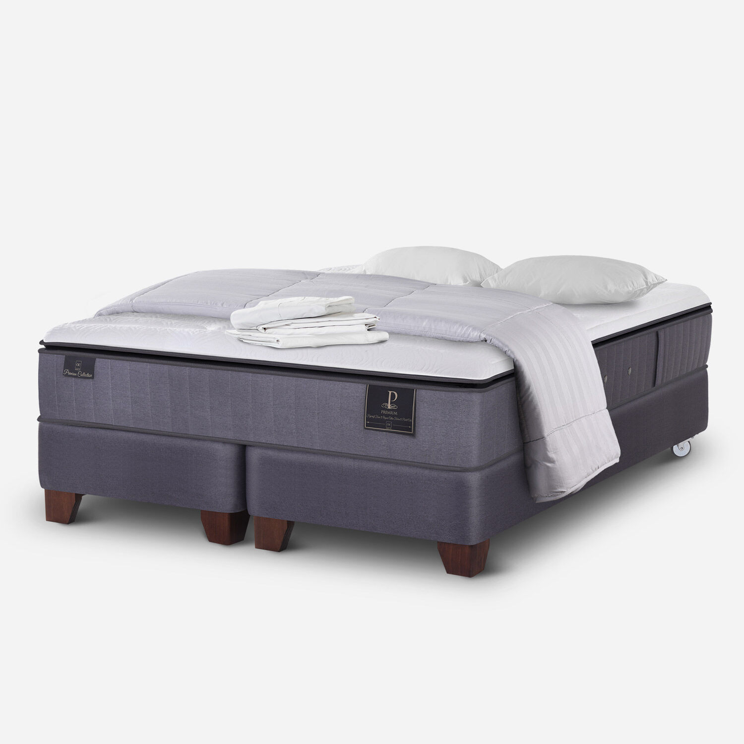 Box Spring 2 Plazas Premium Base Dividida + Almohadas + Plum&oacute;n + S&aacute;banas