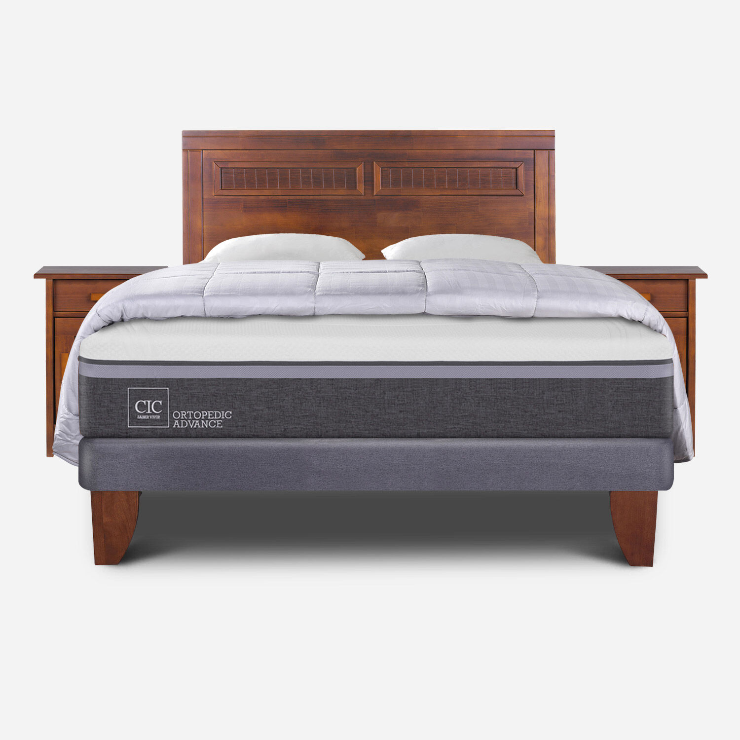 Cama Europea 2 Plazas Ortopedic Advance Base Normal + Set Milán Caramel + Plumón Plumas