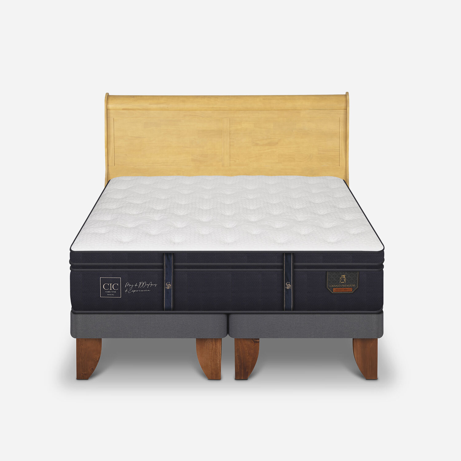 Cama Europea 2 Plazas Grand Premium Base Dividida + Respaldo Miró Mostaza