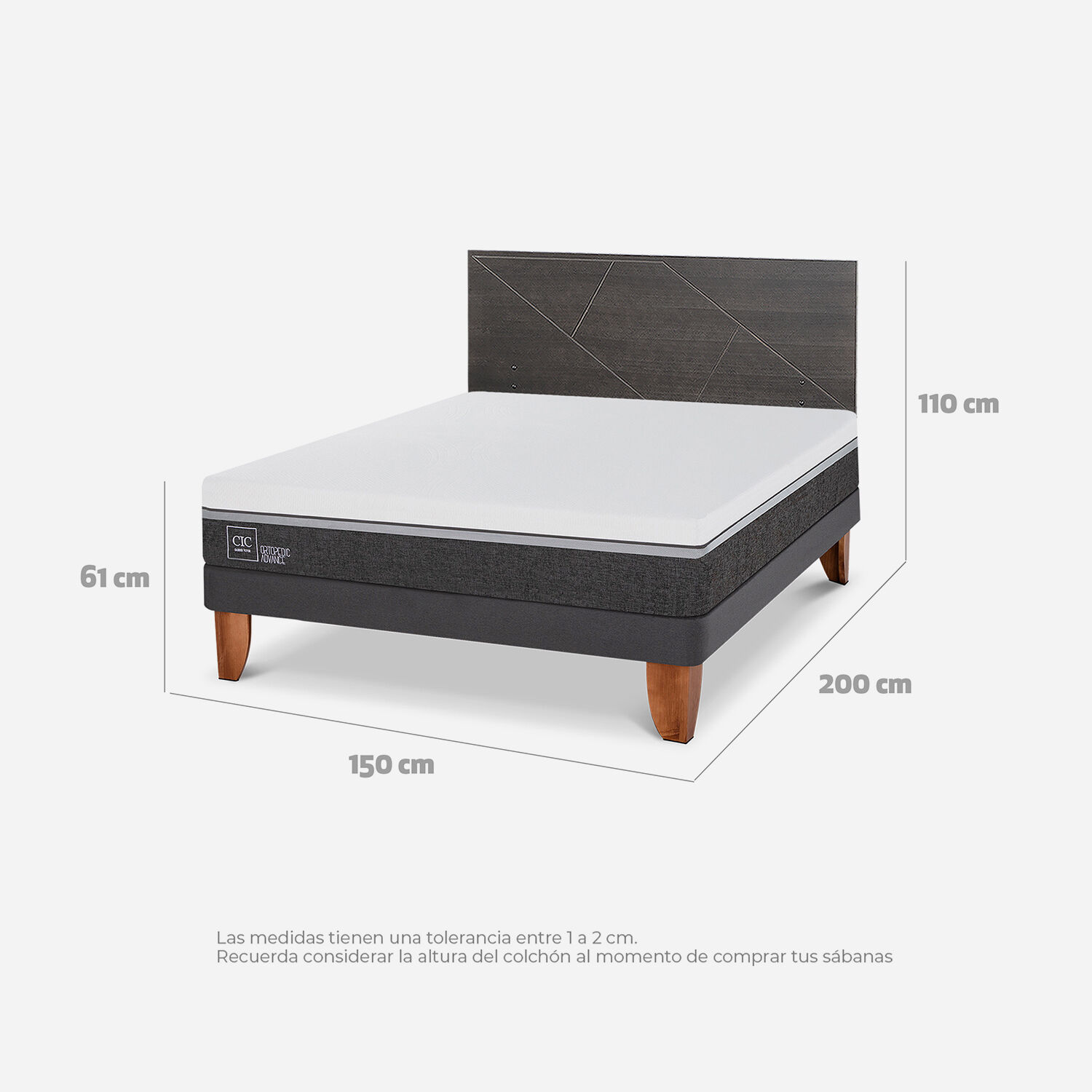 Cama Europea 2 Plazas Ortopedic Advance Base Normal + RespaldoVillarrica Gris