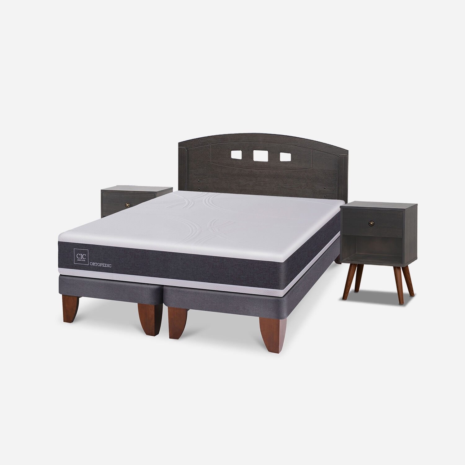 Cama Europea 2 Plazas Ortopedic Base Dividida + Set Gales Gris