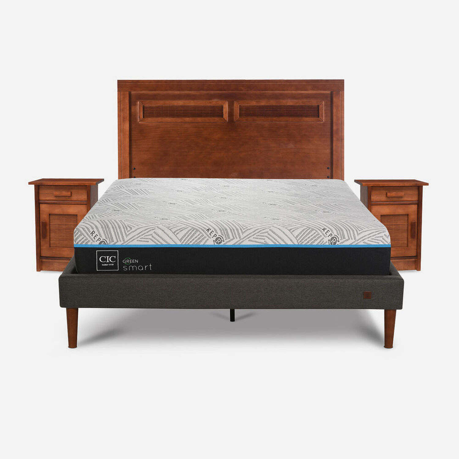 Cama Europea Curve 2 Plazas Infinity Green + Set Mil&aacute;n Caramel