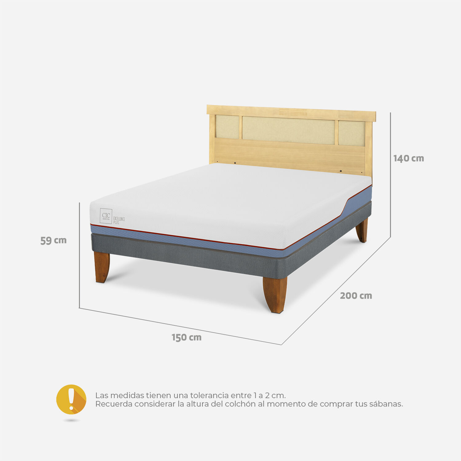 Cama Europea 2 Plazas Excellence Plus Base Normal + Respaldo Dublín Mostaza