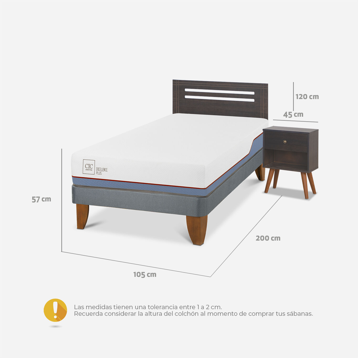 Cama Europea 1,5 Plazas Excellence Plus + Set M&uacute;nich Gris