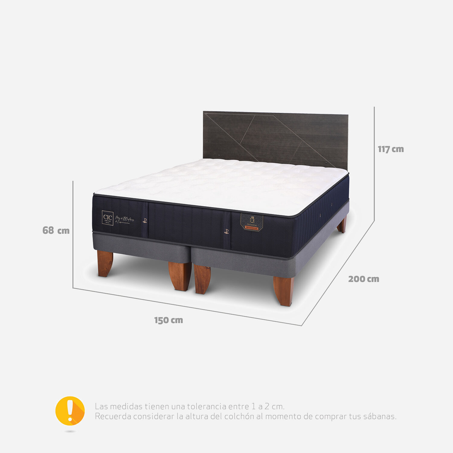 Cama Europea 2 Plazas Premium Base Dividida + Respaldo Villarrica Gris