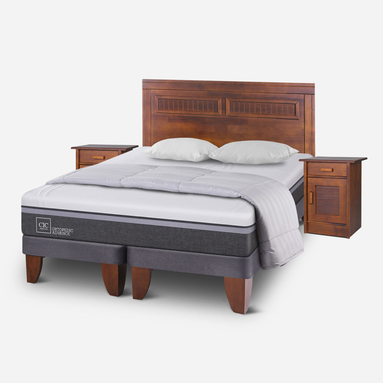 Cama Europea 2 Plazas Ortopedic Advance Base Dividida + Set Mil&aacute;n Caramel + Almohadas + Plum&oacute;n