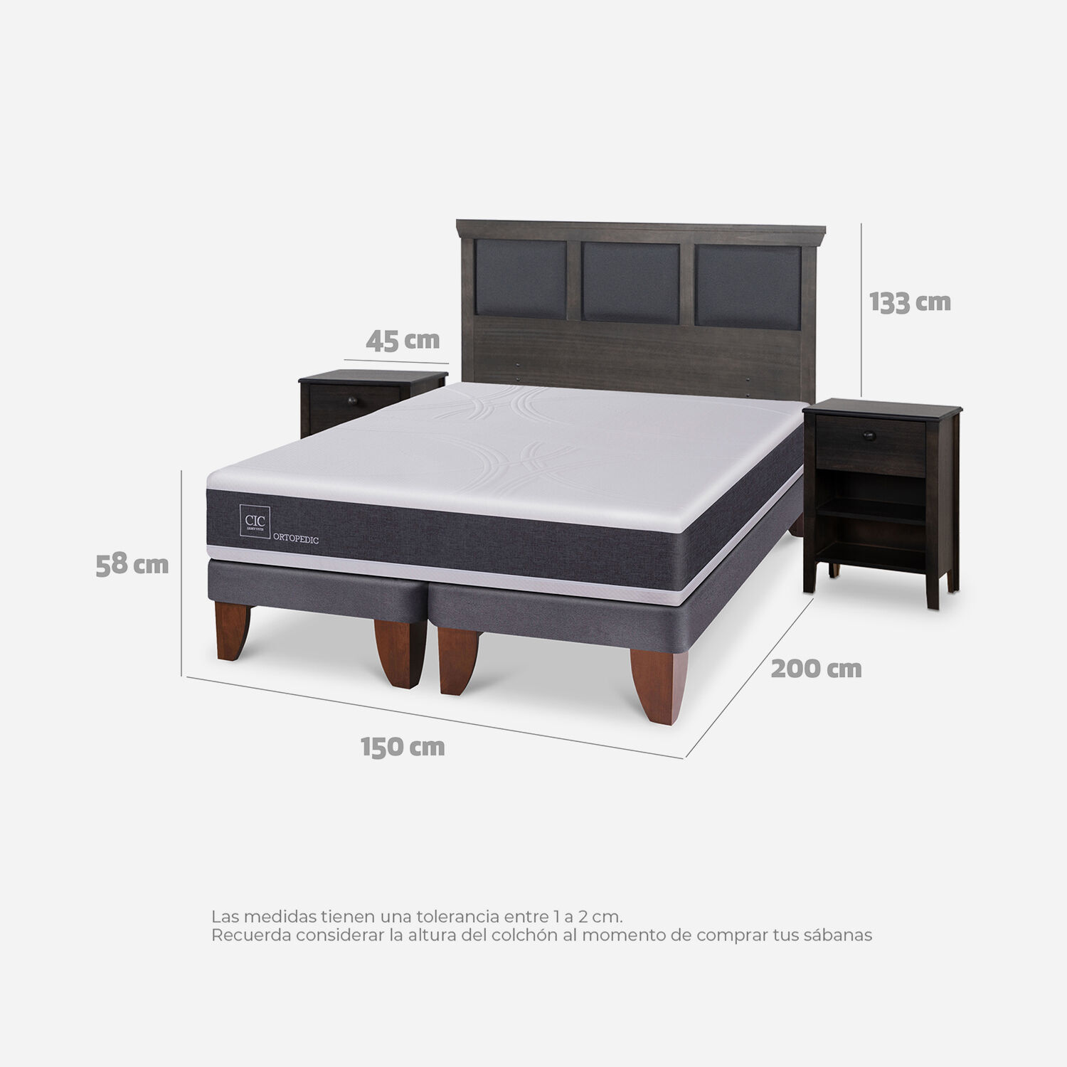 Cama Europea 2 Plazas Ortopedic Base Dividida + Set Torino Gris